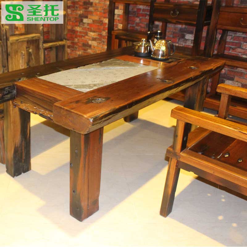老船木家具餐台实木 客厅餐桌 圣托 JGG003 古船木会客餐台餐桌图片